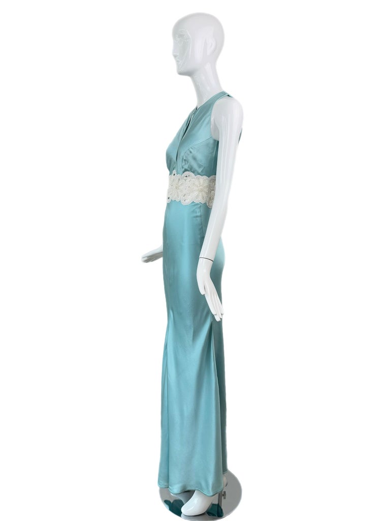 Vintage Robin's Egg Blue Silk Dress w. Pearl Embellished Center Gown Maxi  Dress at 1stDibs