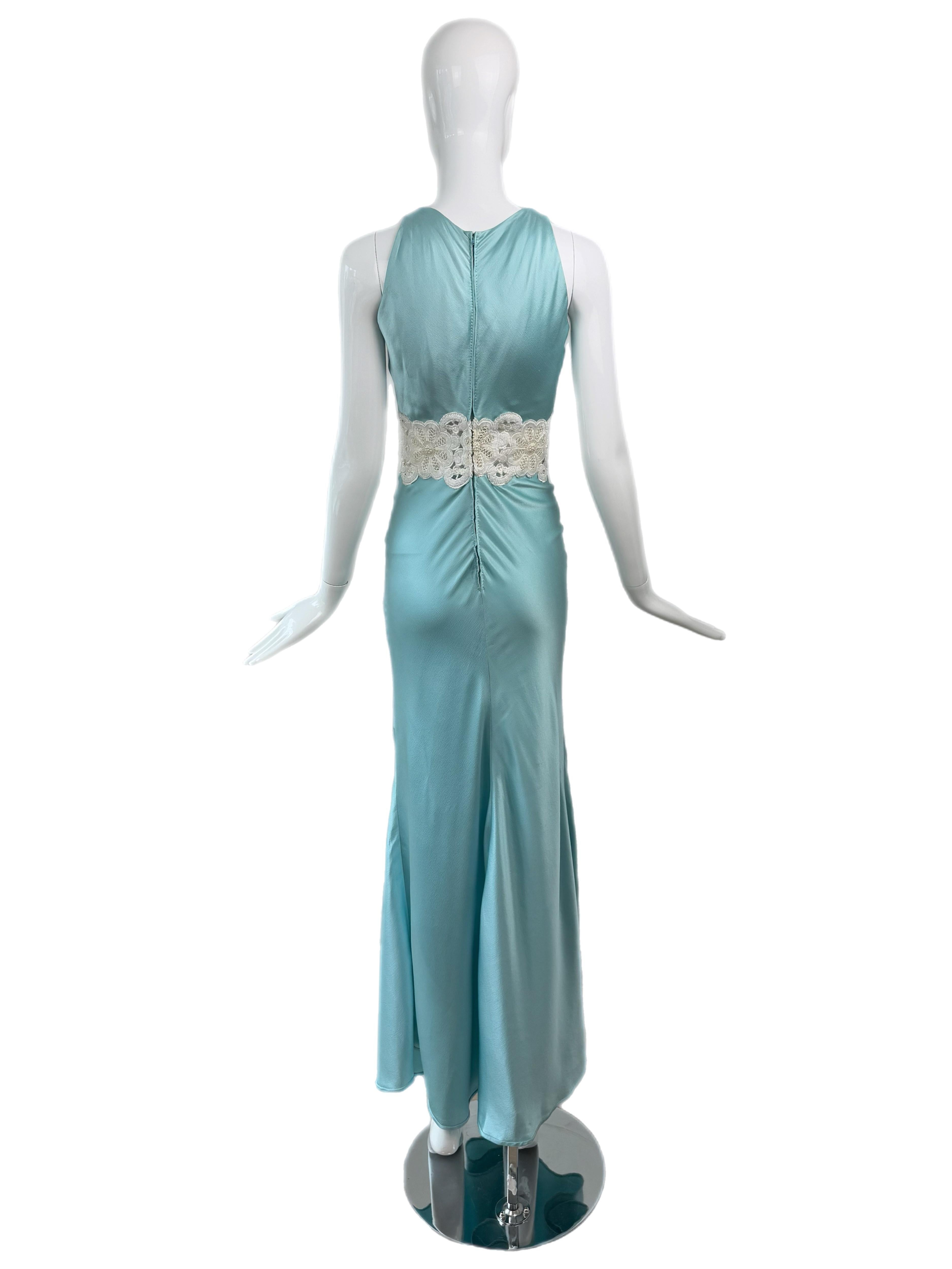 Vintage Robin's Egg Blue Silk Dress w. Robe longue avec perles au centre de la robe en vente 3