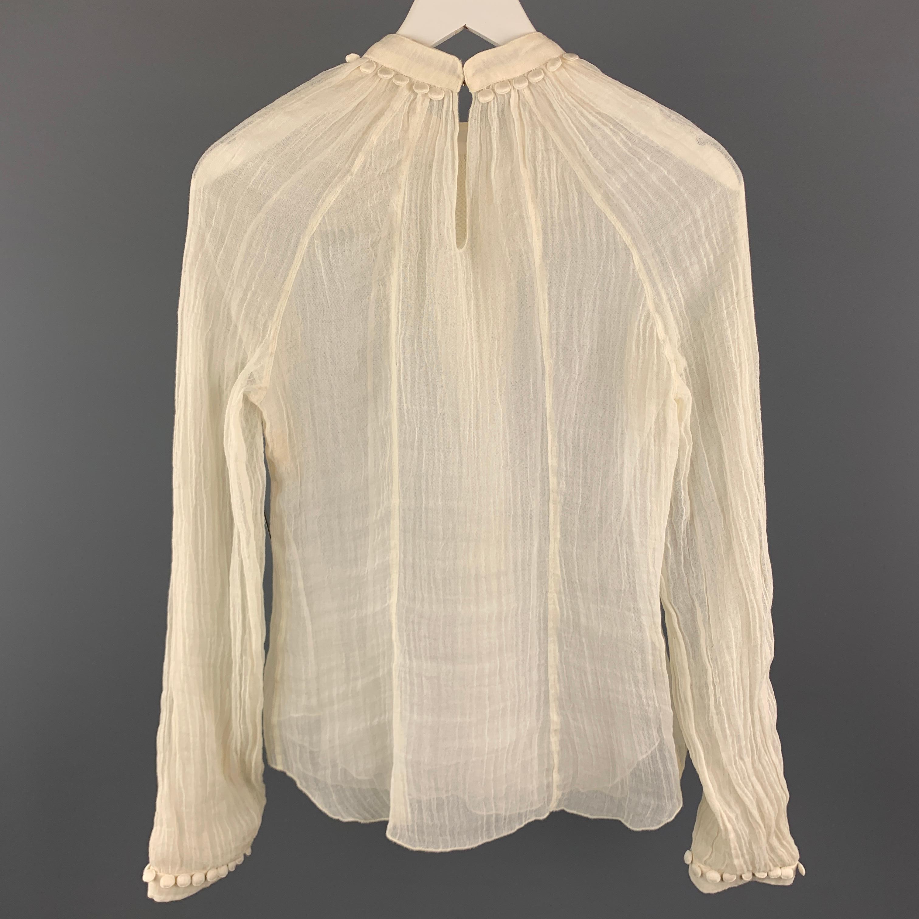 Vintage ROCHAS Size 6 Cream Textured Linen High Collar Long Sleeve Embellished B In Good Condition In San Francisco, CA