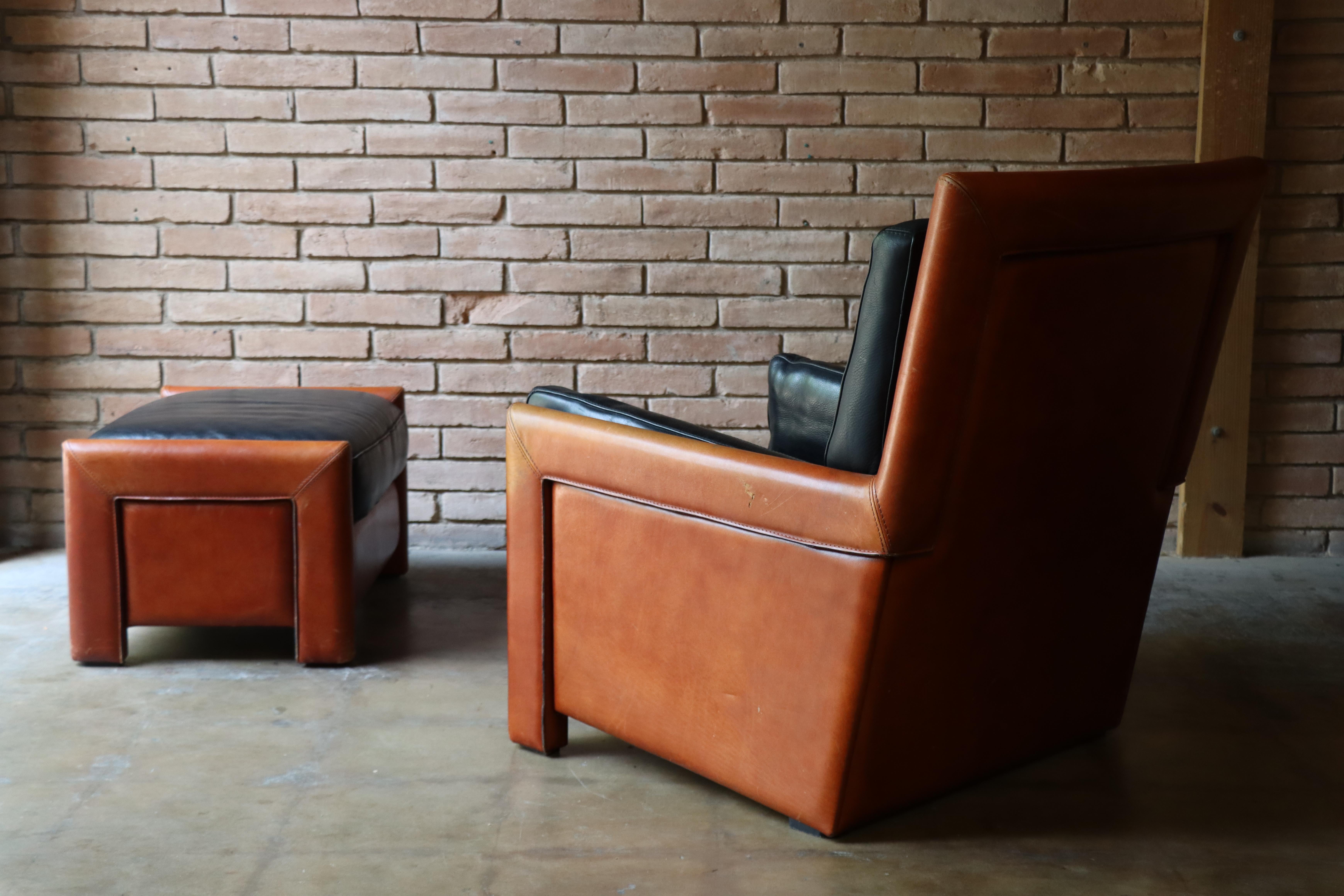 Mid-Century Modern Vintage Roche Bobois Leather Lounge Chair and Ottoman