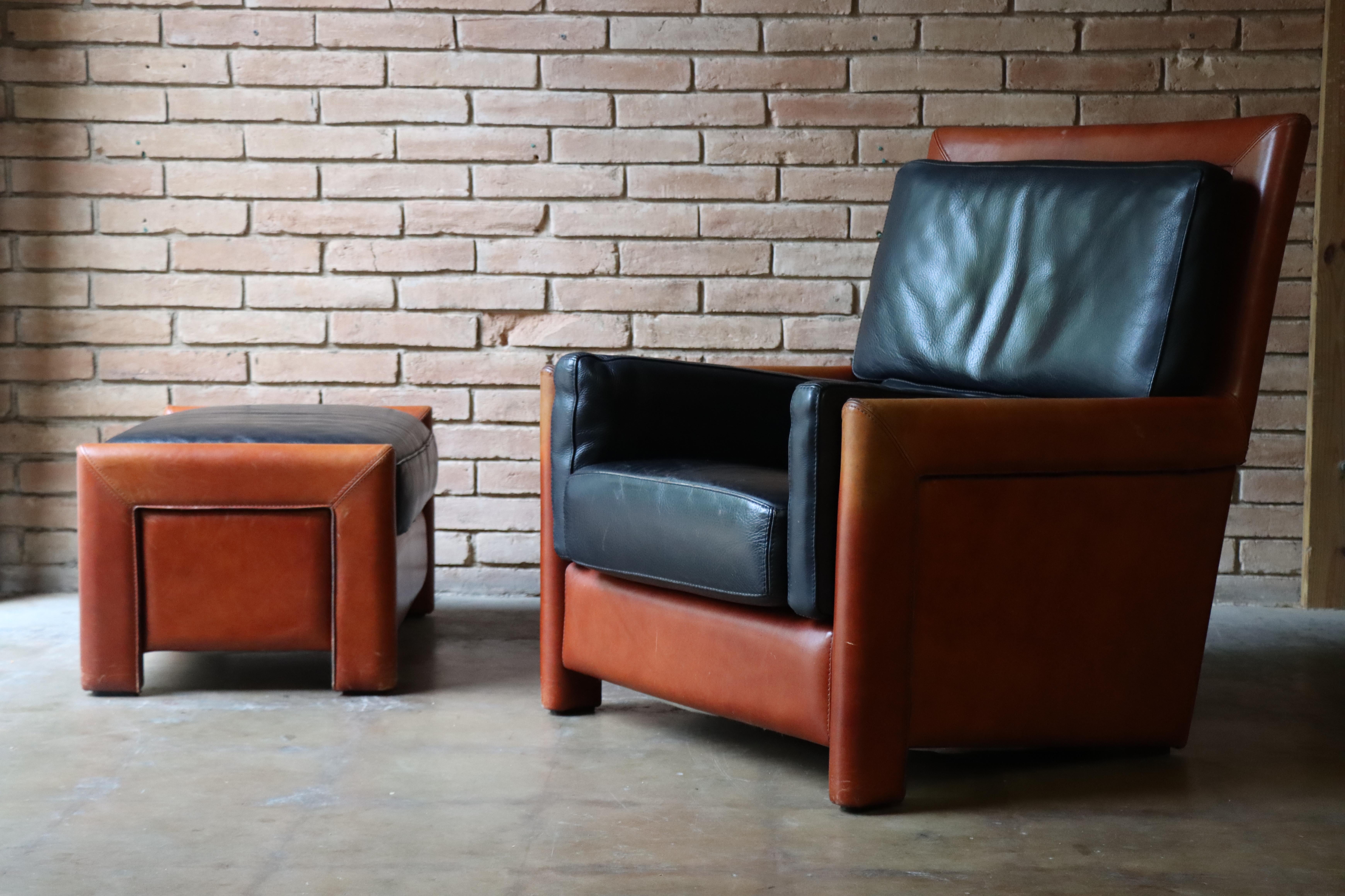 French Vintage Roche Bobois Leather Lounge Chair and Ottoman