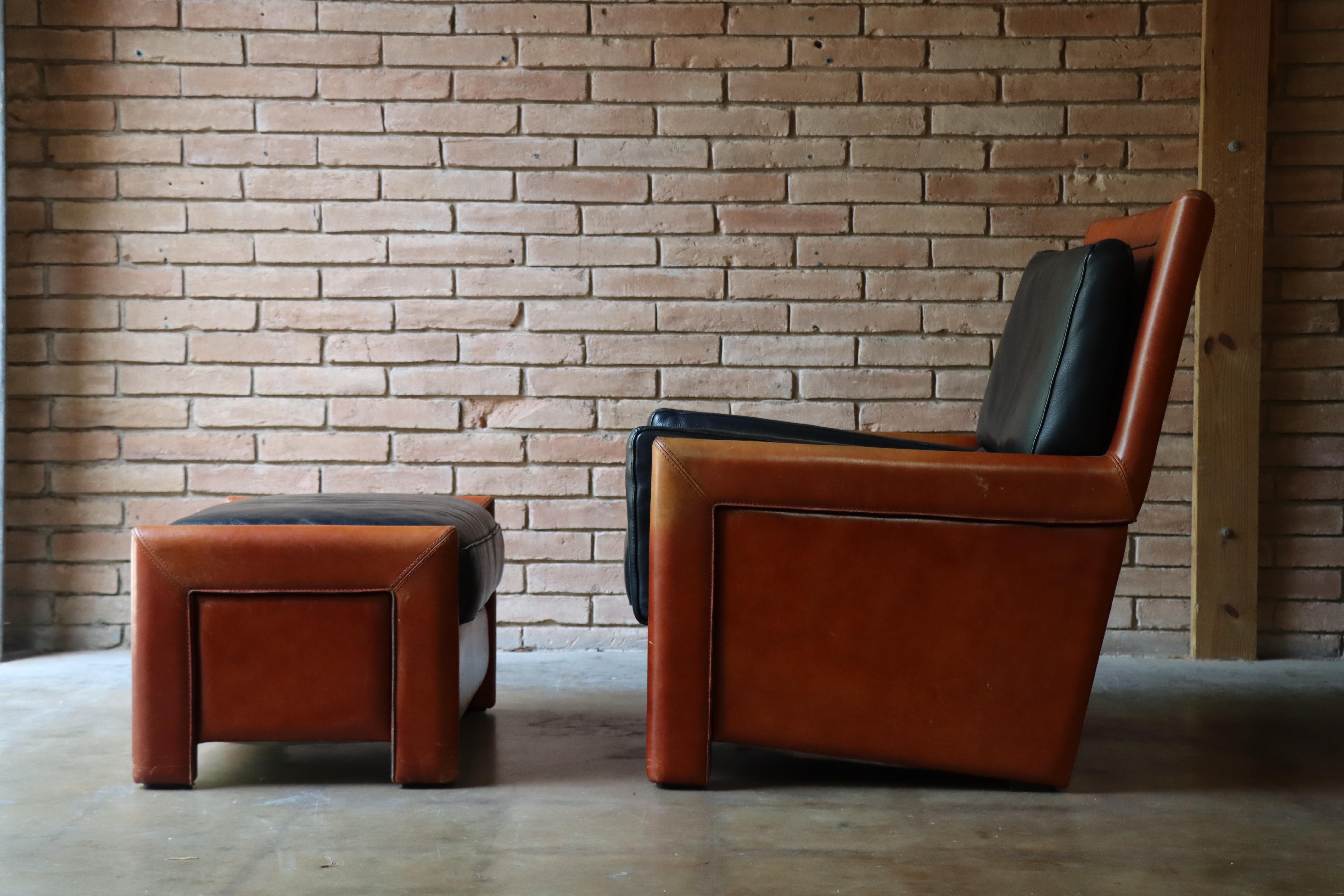 Hand-Crafted Vintage Roche Bobois Leather Lounge Chair and Ottoman