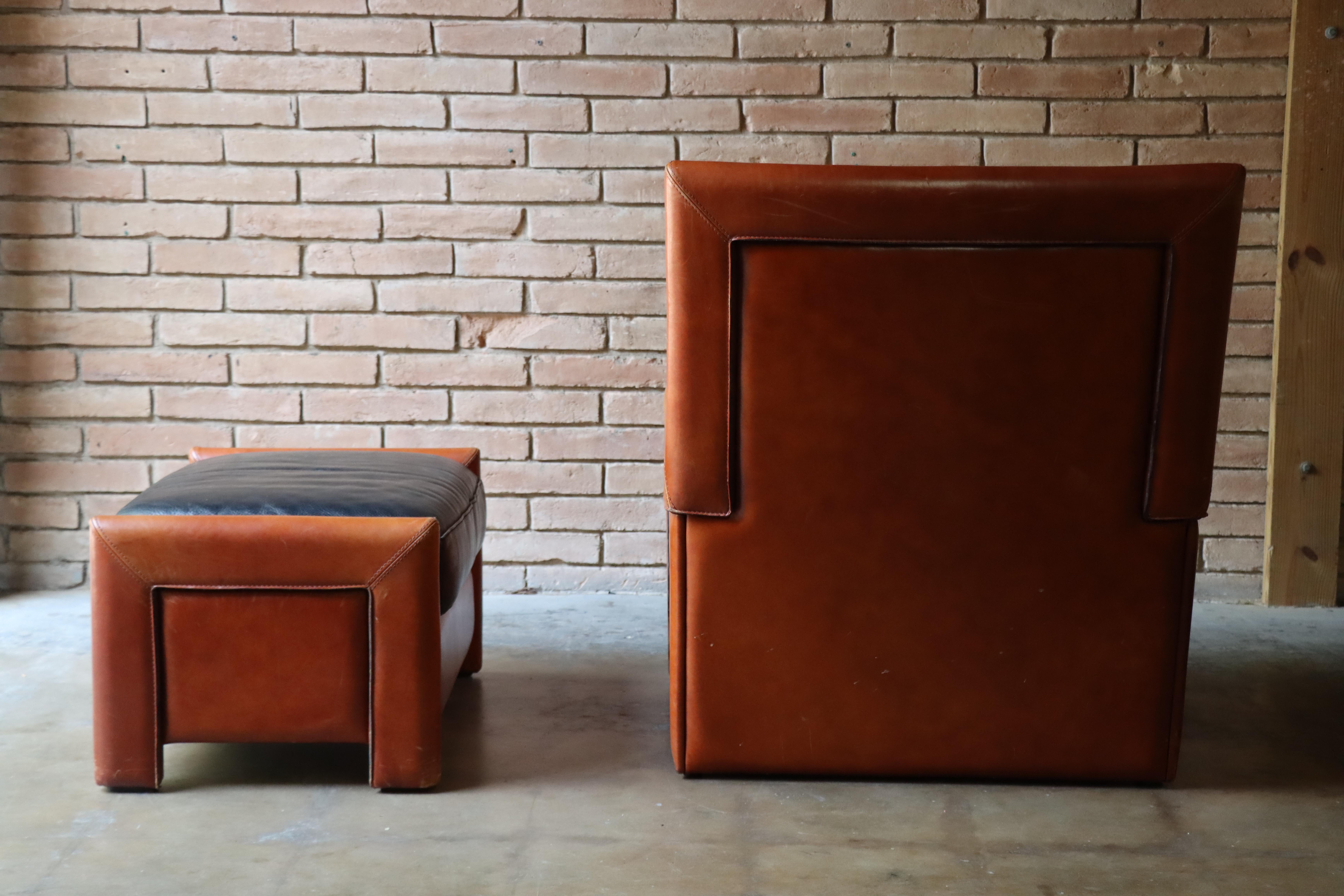 20th Century Vintage Roche Bobois Leather Lounge Chair and Ottoman