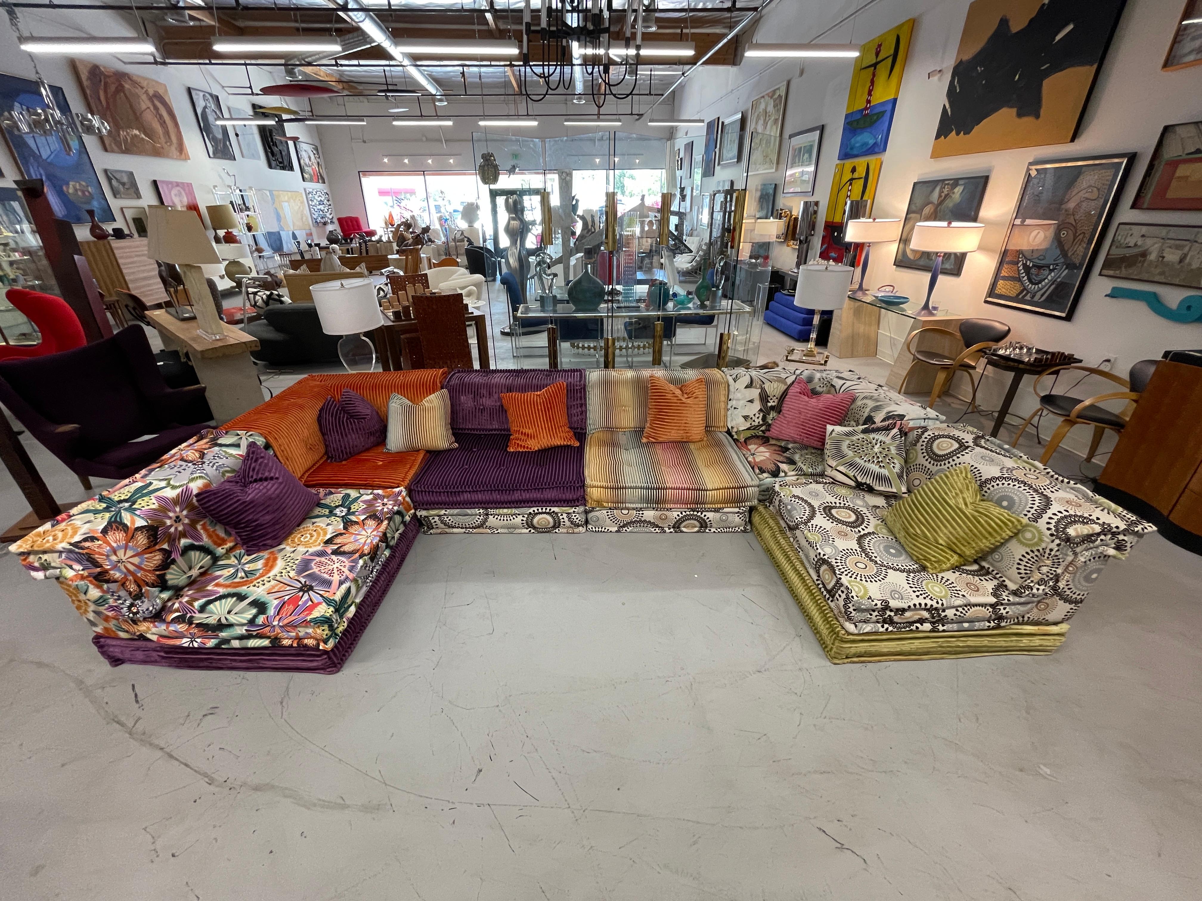 Wonderful large vintage Roche Bobois Mah Jong sofa designed by Hans Hopfer in the 1970’s. This set features Missoni fabric. Some of the pieces have just been redone with new Missoni home fabric. There are 6 cushions with backs including 2 corner