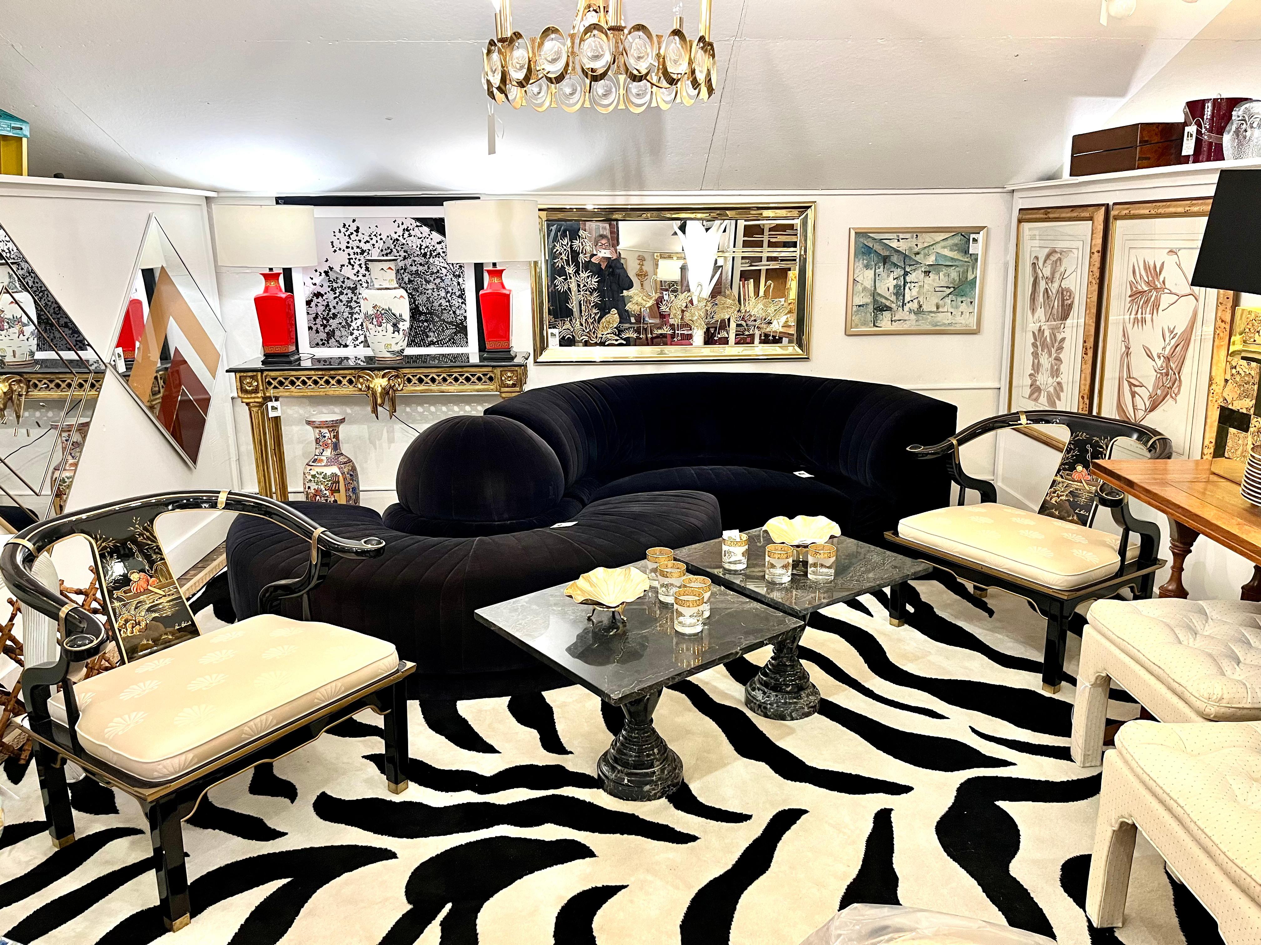 Super luxurious dark midnight blue velvet upholstered vintage modular serpentine sofa by Roche Bobois.  Sectional features 8 individual pieces and additional matching loveseat.  Incredible versatility and limitless configuration to fit your space. 
