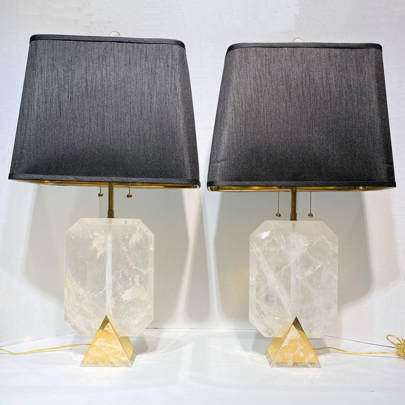 Carved Vintage Rock Crystal and Brass Table Lamps
