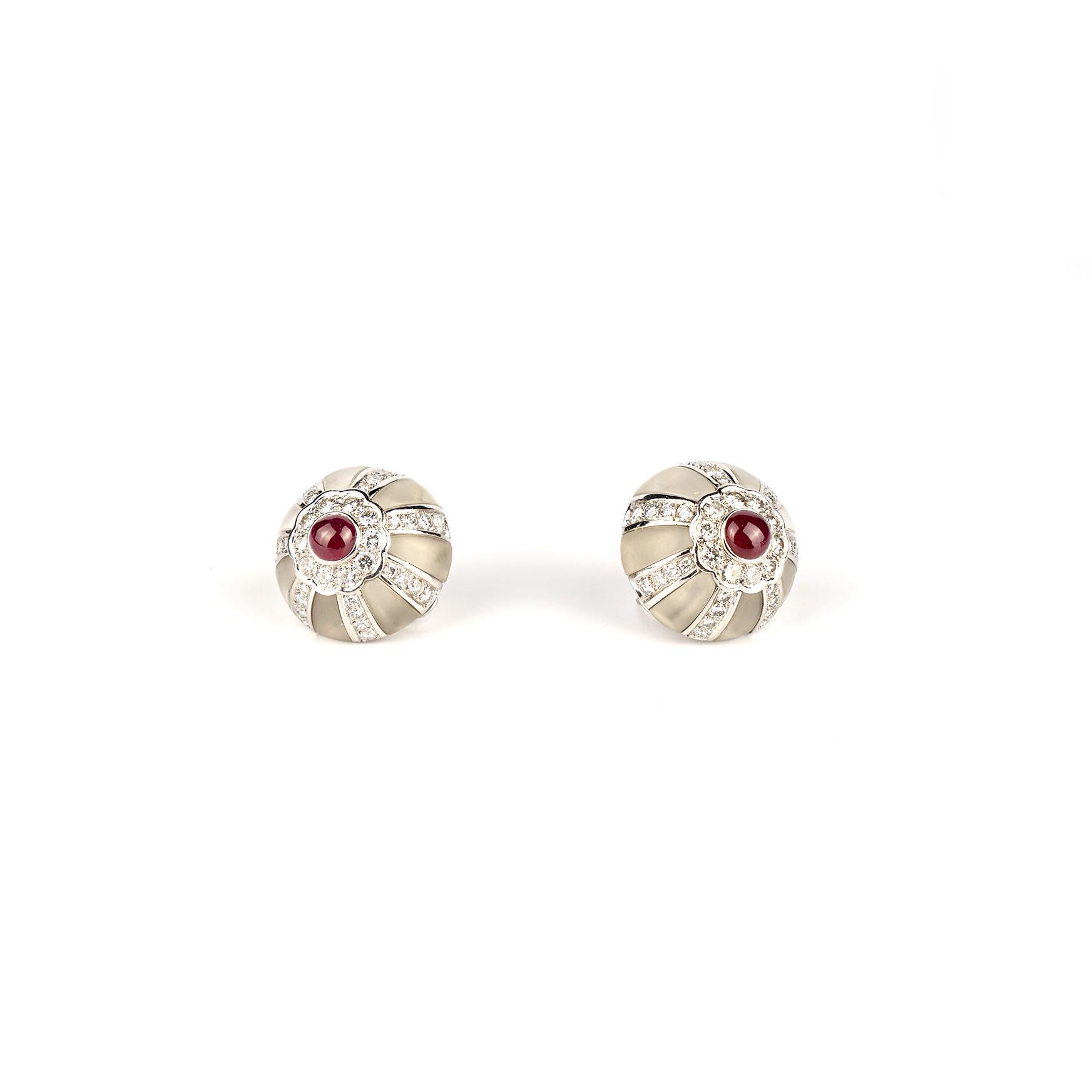 Mixed Cut Vintage Rock Crystal and Ruby White Gold Stud Earrings  For Sale