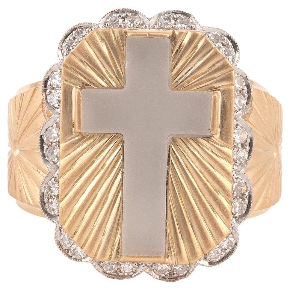 Vintage Rock Crystal Diamond Platinum and 18kt Gold Bishop's Ring