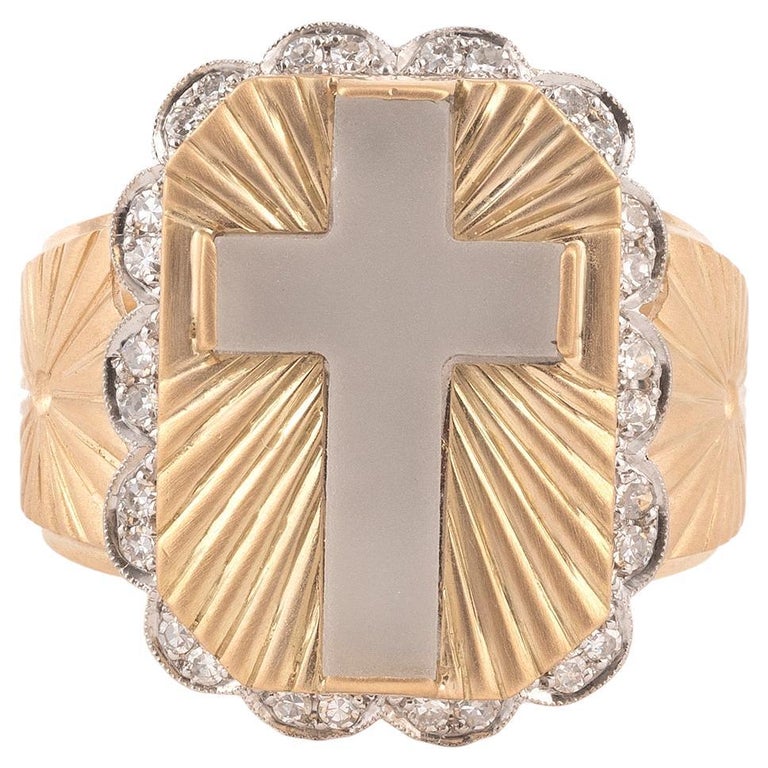 Bague d'évêque vintage en cristal de roche, diamant, platine et or 18  carats - En vente sur 1stDibs