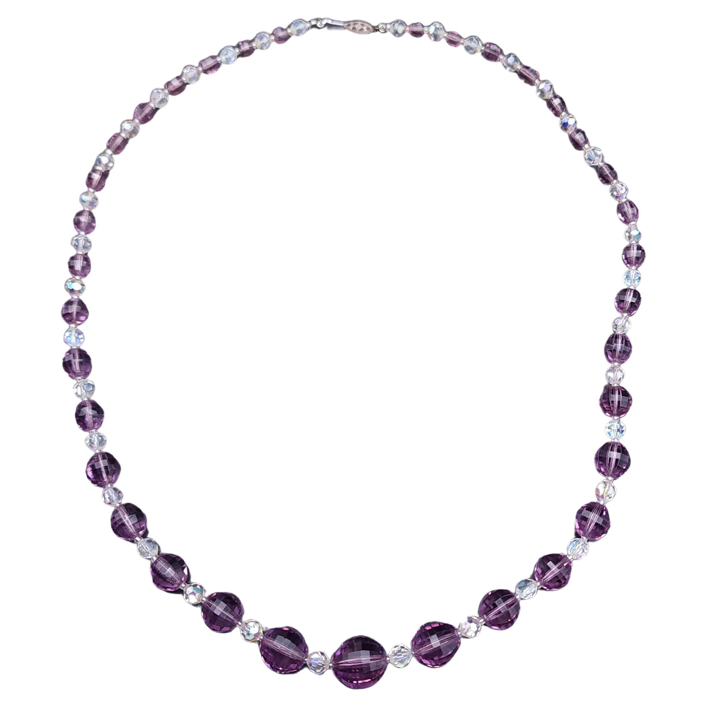 Vintage-Perlenkette aus Bergkristall mit abgestuften Perlen, Amethyst und Klarglasur, Sterlingsilber