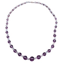 Retro Rock Crystal Graduated Bead Necklace, Amethyst & Clear, Sterling Silver