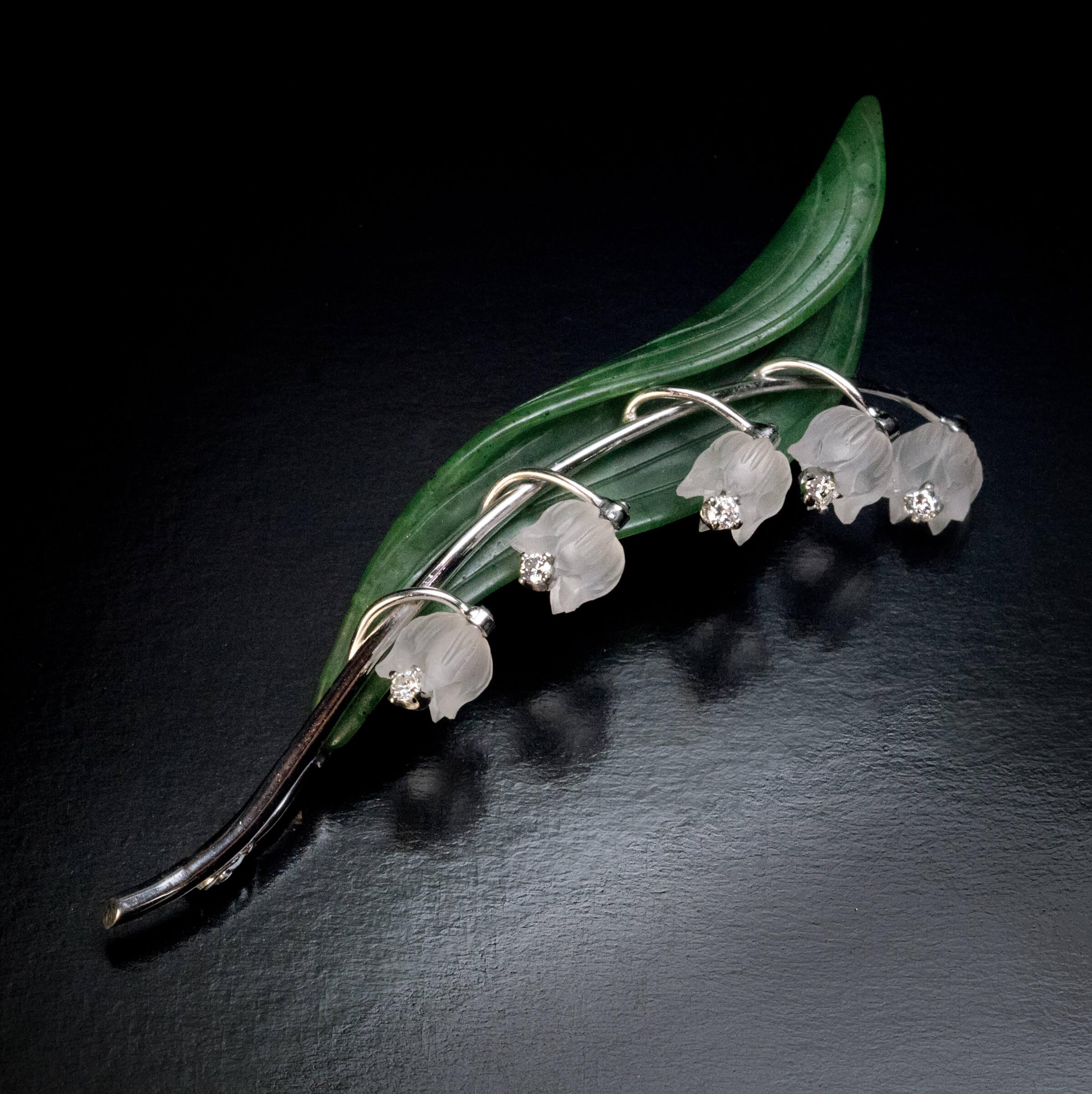 Round Cut Vintage Rock Crystal Jade Diamond Lily of the Valley Brooch 