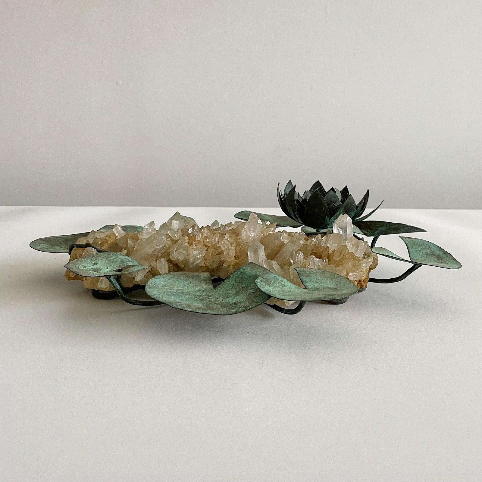 Mid-Century Modern Vintage Rock Crystal & Patinated Copper Lily Pad Tabletop Sculpture