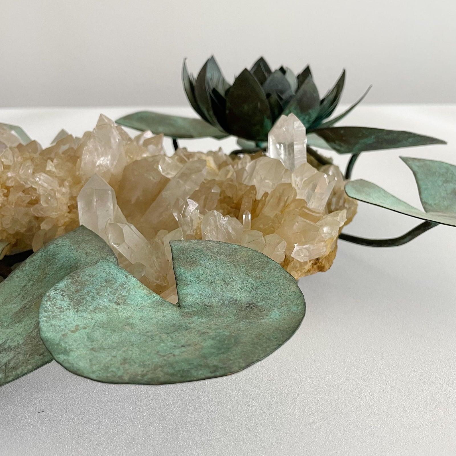 American Vintage Rock Crystal & Patinated Copper Lily Pad Tabletop Sculpture