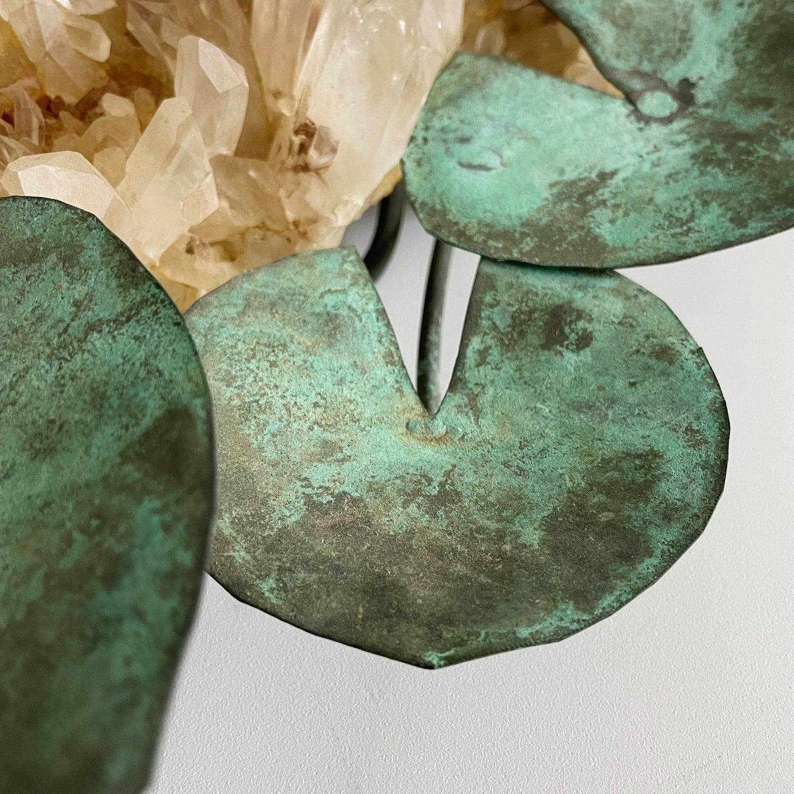 Vintage Rock Crystal & Patinated Copper Lily Pad Tabletop Sculpture In Good Condition In West Palm Beach, FL