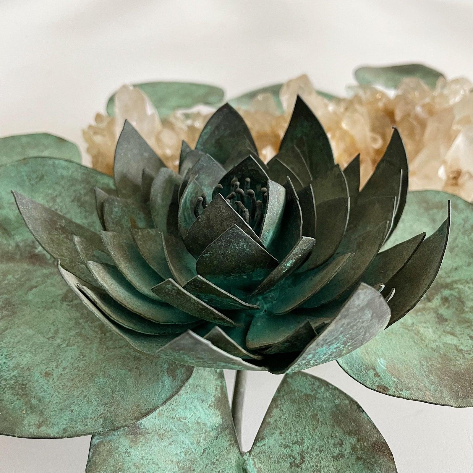 Mid-20th Century Vintage Rock Crystal & Patinated Copper Lily Pad Tabletop Sculpture