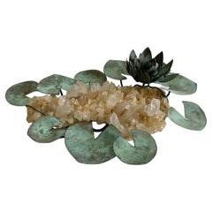Vintage Rock Crystal & Patinated Copper Lily Pad Tabletop Sculpture