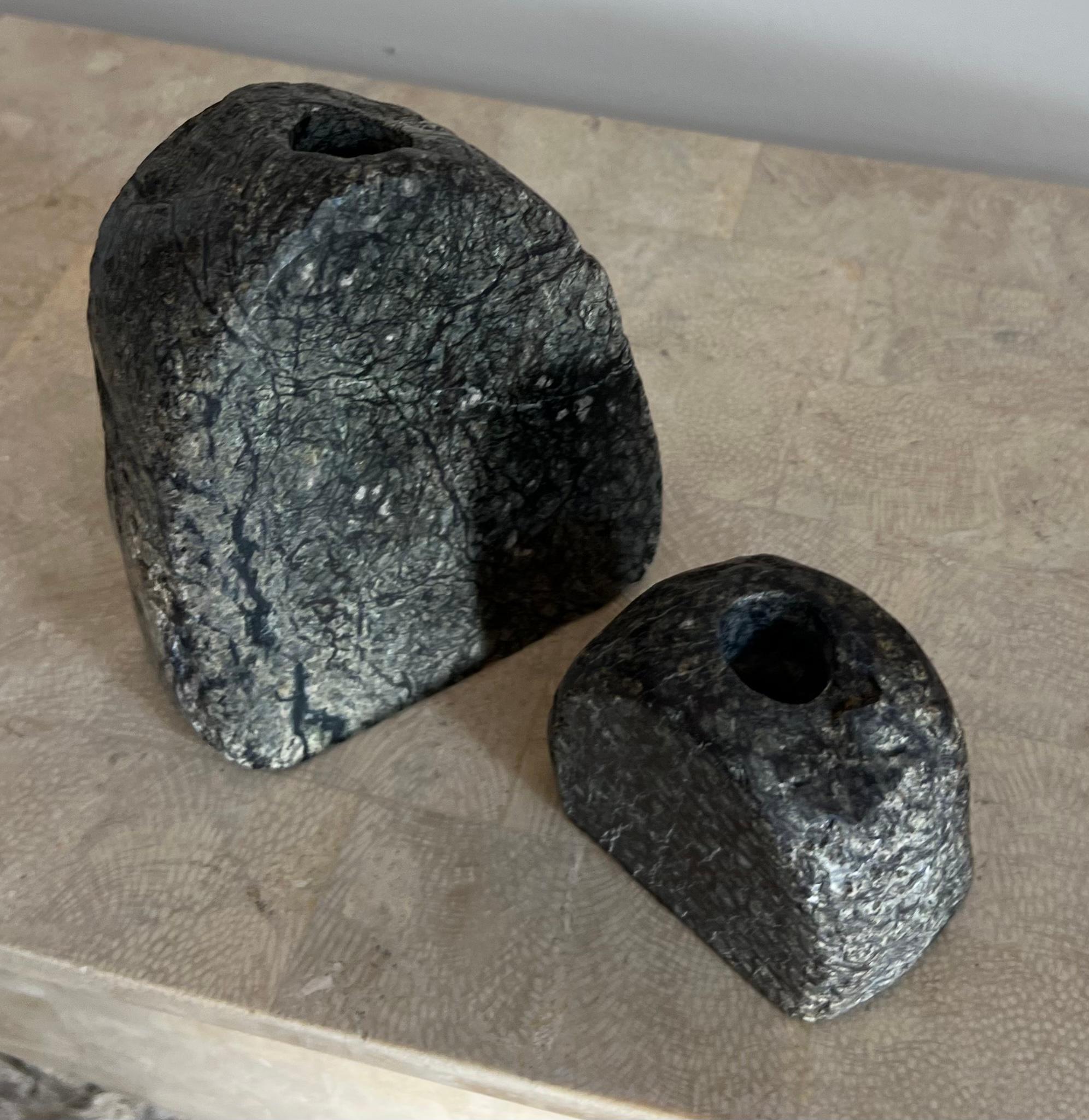 Vintage rock form candleholders in real stone, 1970s In Good Condition For Sale In View Park, CA