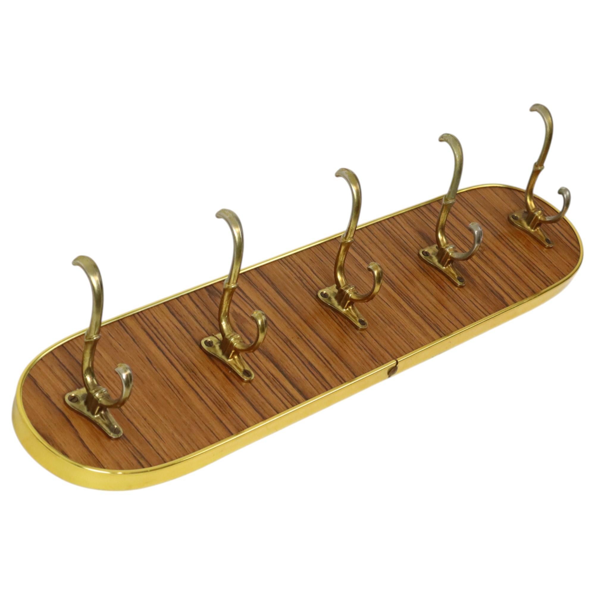 Belgian Vintage Rockabilly Coat Rack Fifties Design Wood Veneer Gold For Sale