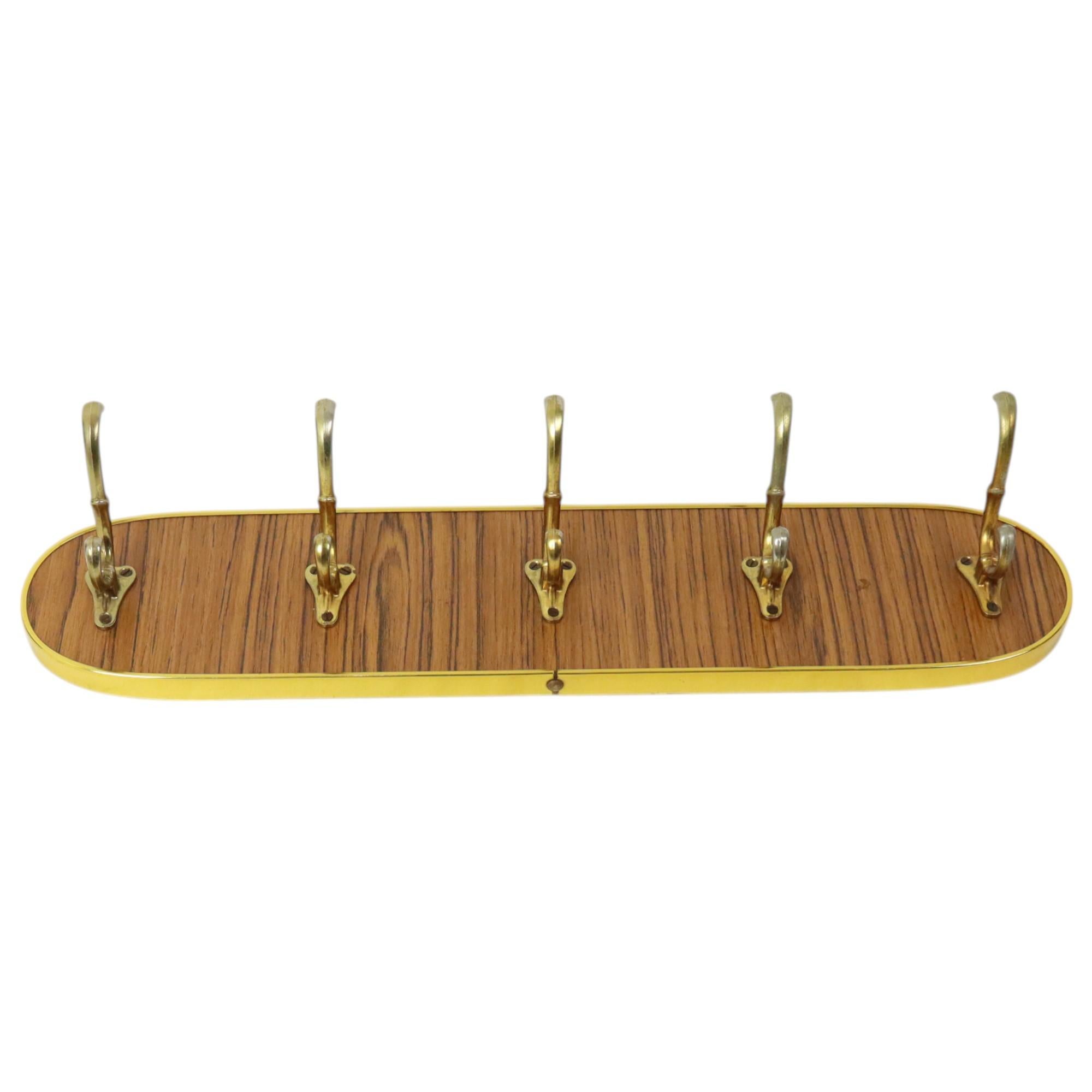 Metal Vintage Rockabilly Coat Rack Fifties Design Wood Veneer Gold For Sale