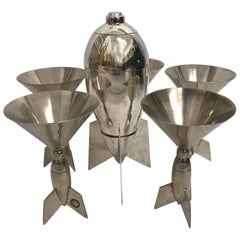 Retro Rocket Ship Martini Set Signed '6 Pieces'