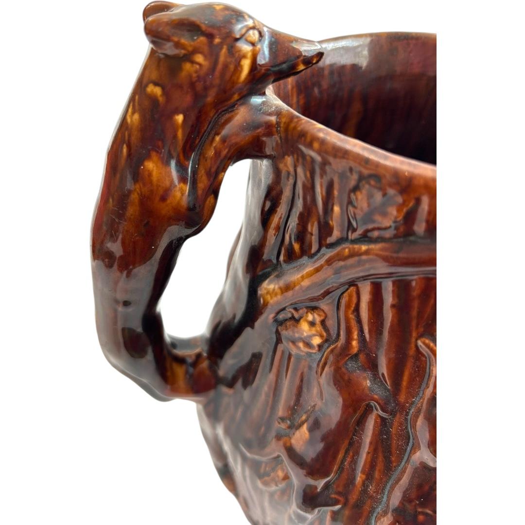 American Vintage Rockingham “Hunt Scene” Clay Molded Pitcher w/ Hound Handle ~ USA For Sale