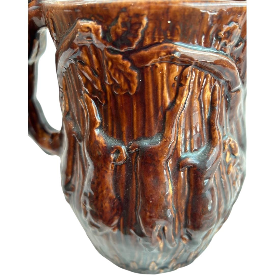 Glazed Vintage Rockingham “Hunt Scene” Clay Molded Pitcher w/ Hound Handle ~ USA For Sale