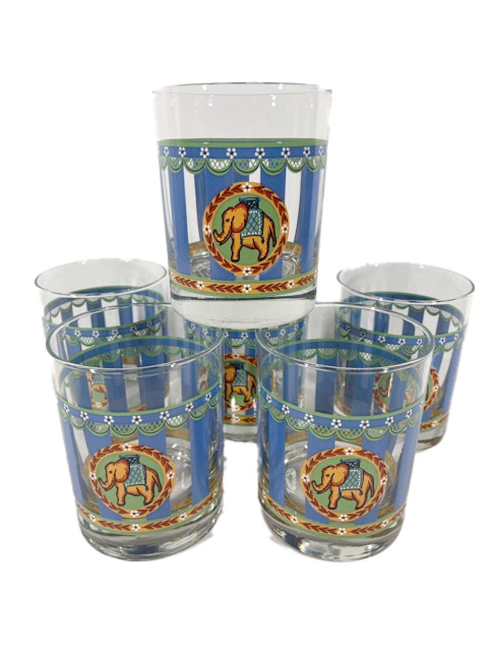 Mid-Century Modern Verres vintage Rocks en émail bleu et vert avec médaillons d'éléphants en vente