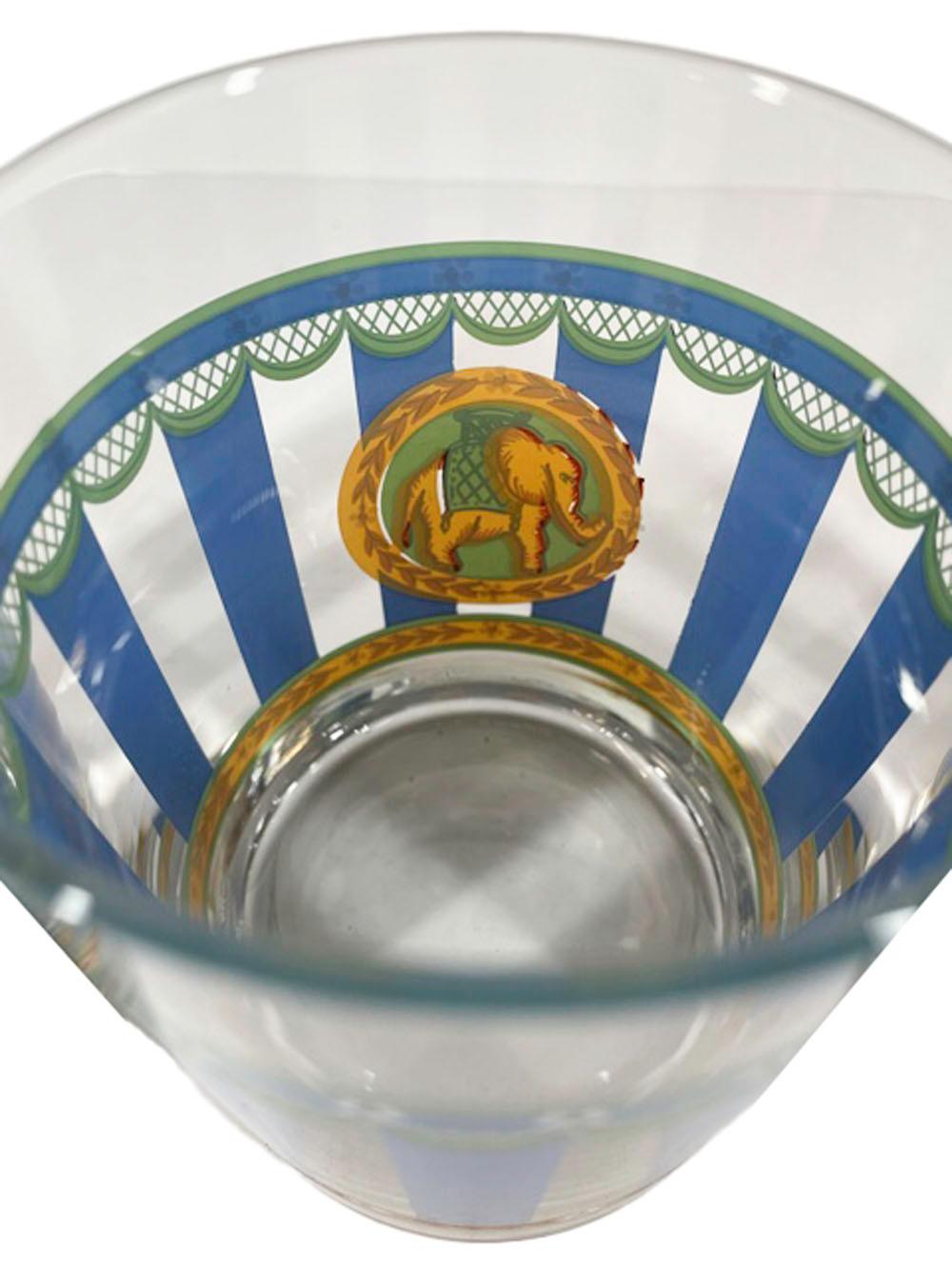 American Vintage Rocks Glasses in Blue & Green Enamel with Elephant Medallions For Sale