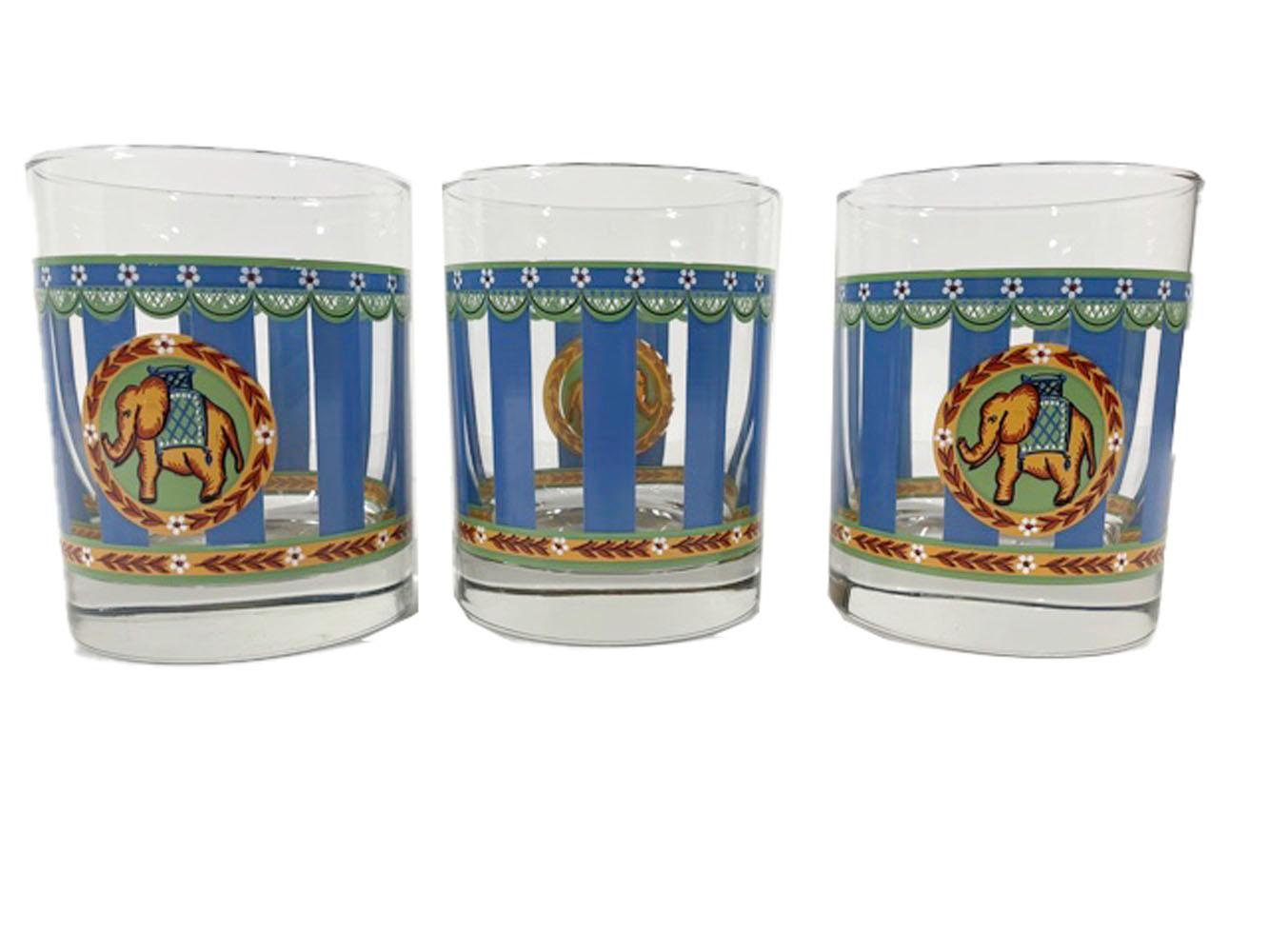 Vintage Rocks Glasses in Blue & Green Enamel with Elephant Medallions In Good Condition For Sale In Nantucket, MA