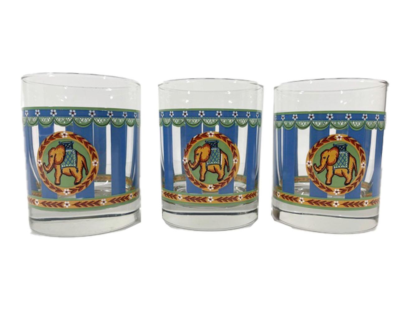 20th Century Vintage Rocks Glasses in Blue & Green Enamel with Elephant Medallions For Sale