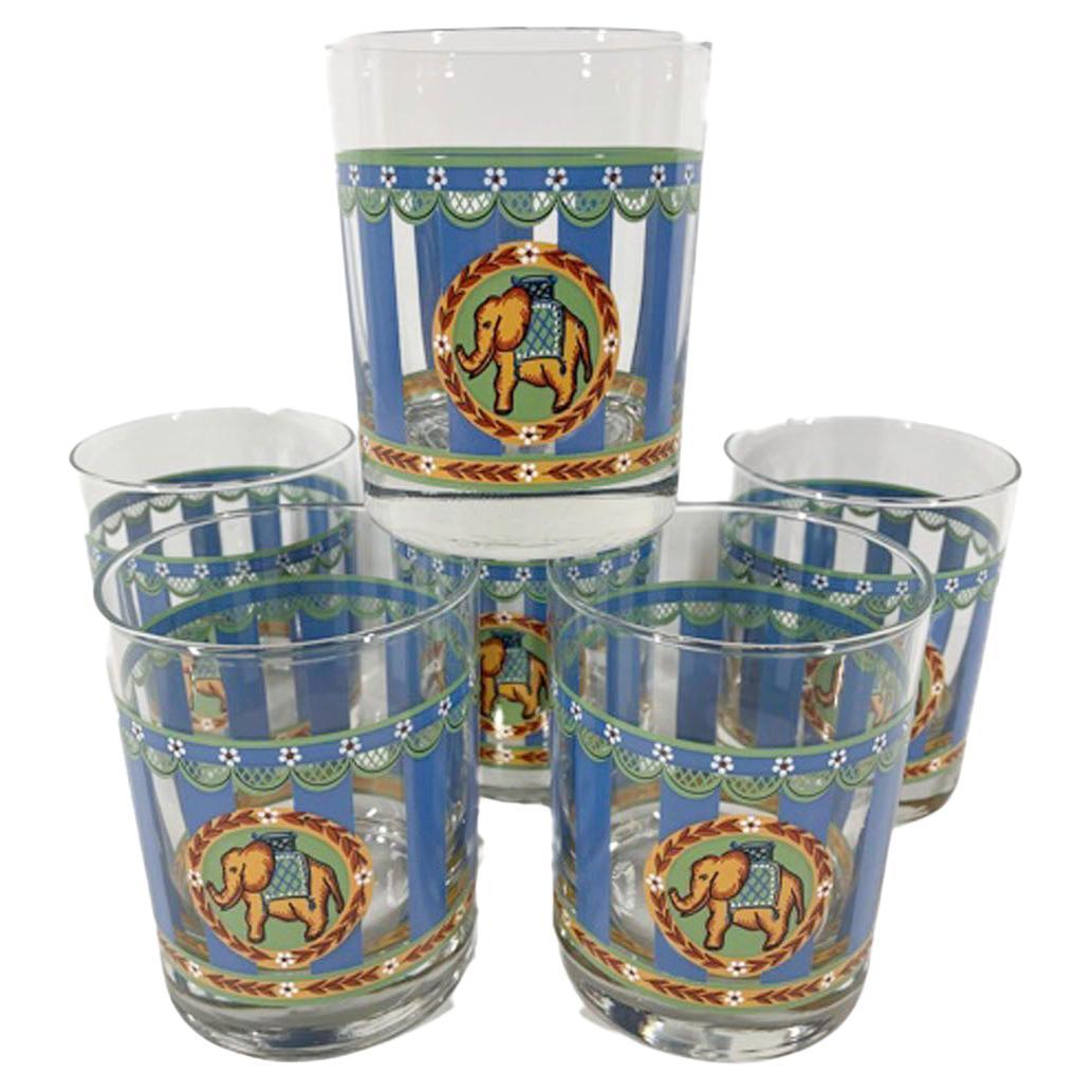 Vintage Rocks Glasses in Blue & Green Enamel with Elephant Medallions