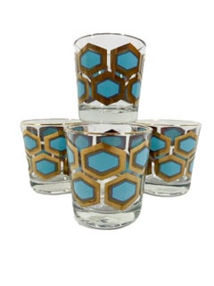 Vintage Rocks or Old Fashion Glasses with 22 Karat Gold Framed Aqua Hexagons