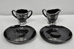 Vintage Rockwell Black Amethyst Glass Creamer Sugar Set Sterling Silver Overlay