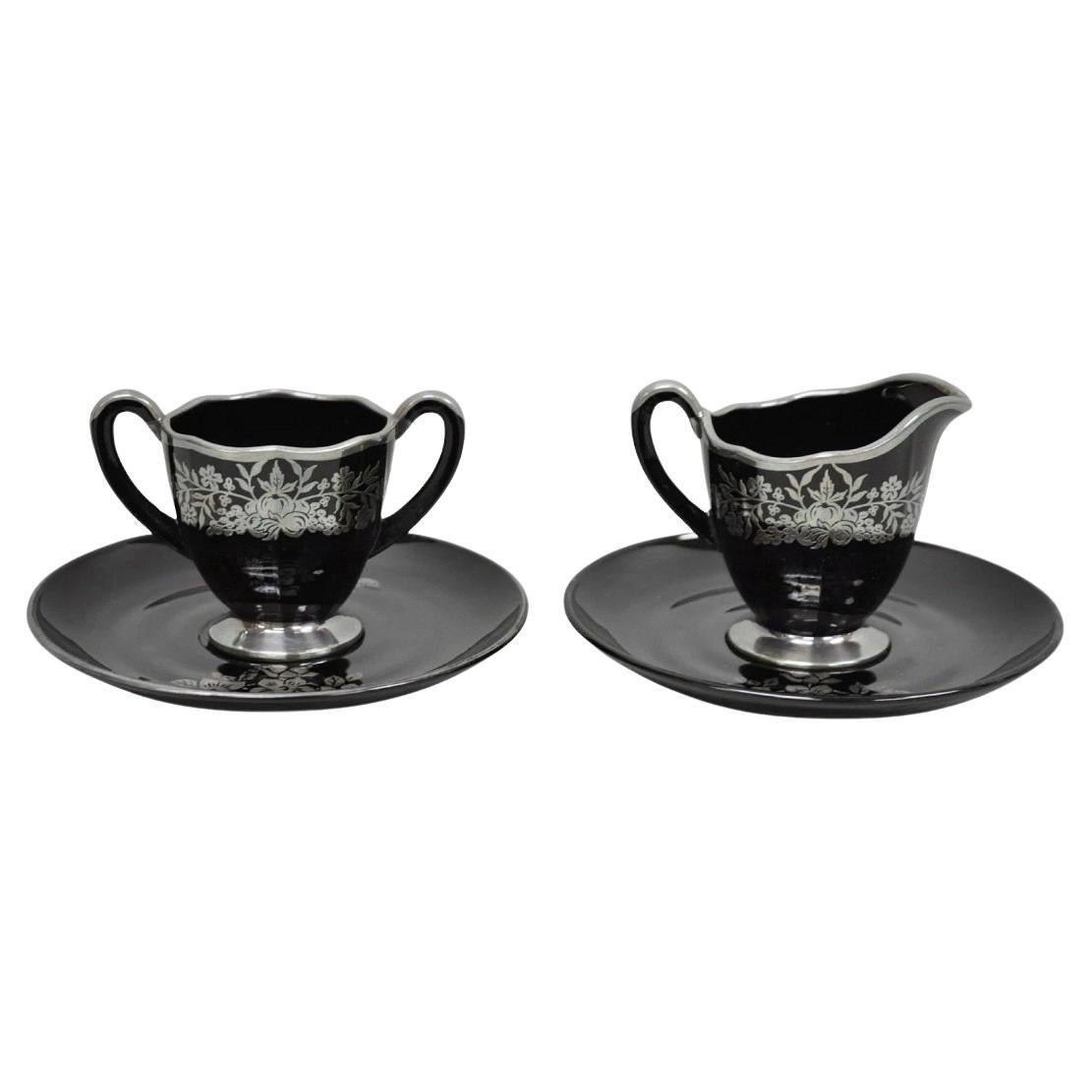 Vintage Rockwell Black Amethyst Glass Creamer Sugar Set Sterling Silver Overlay For Sale