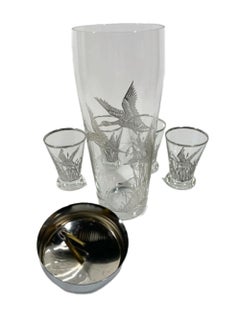 Vintage Rockwell Silver Co. Silver Overlay Cocktail Shaker Set w/ Ducks & Reeds