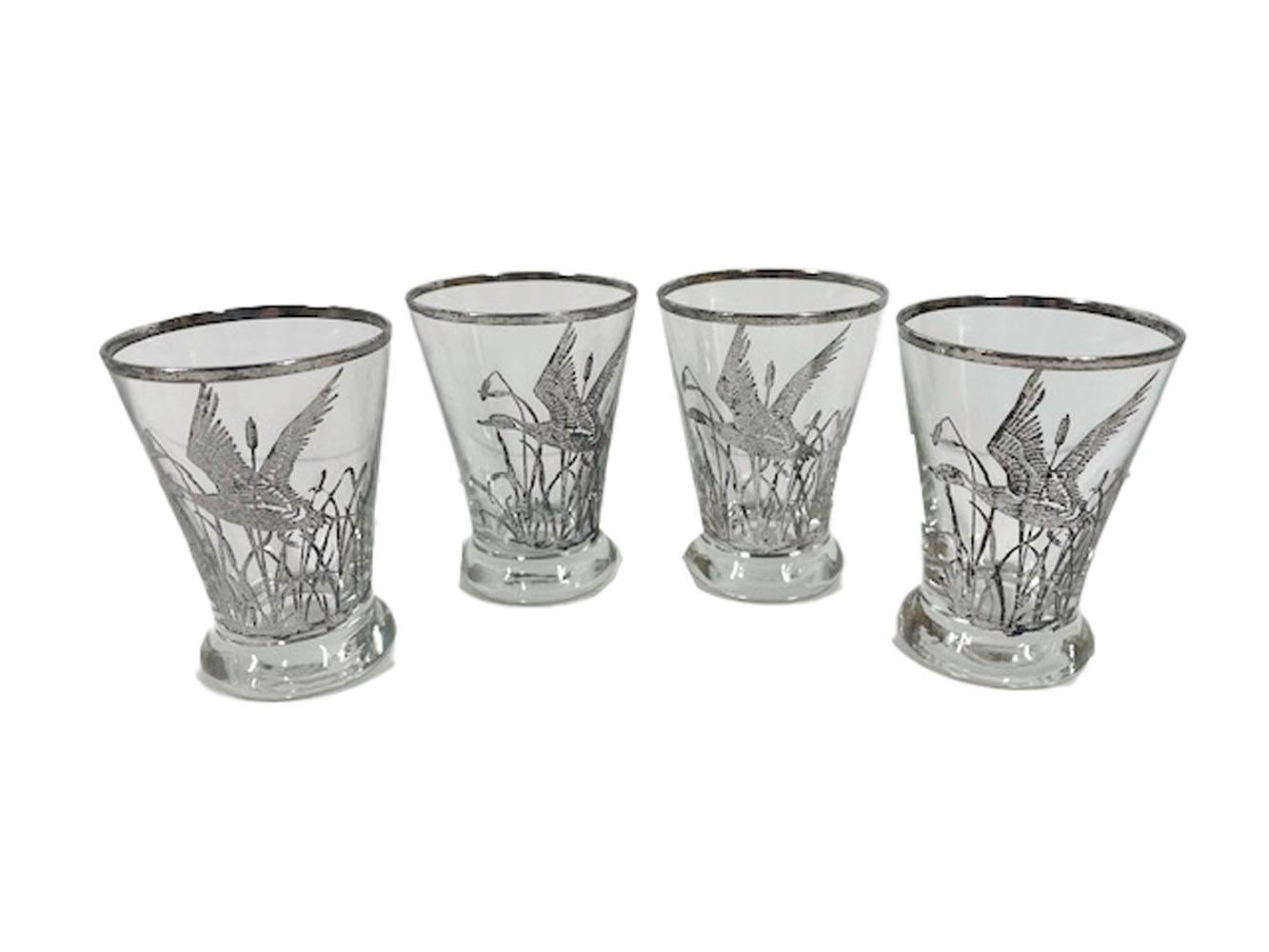 Mid-Century Modern Vintage Rockwell Silver Co. Silver Overlay Cocktail Shaker Set w/ Ducks & Reeds For Sale