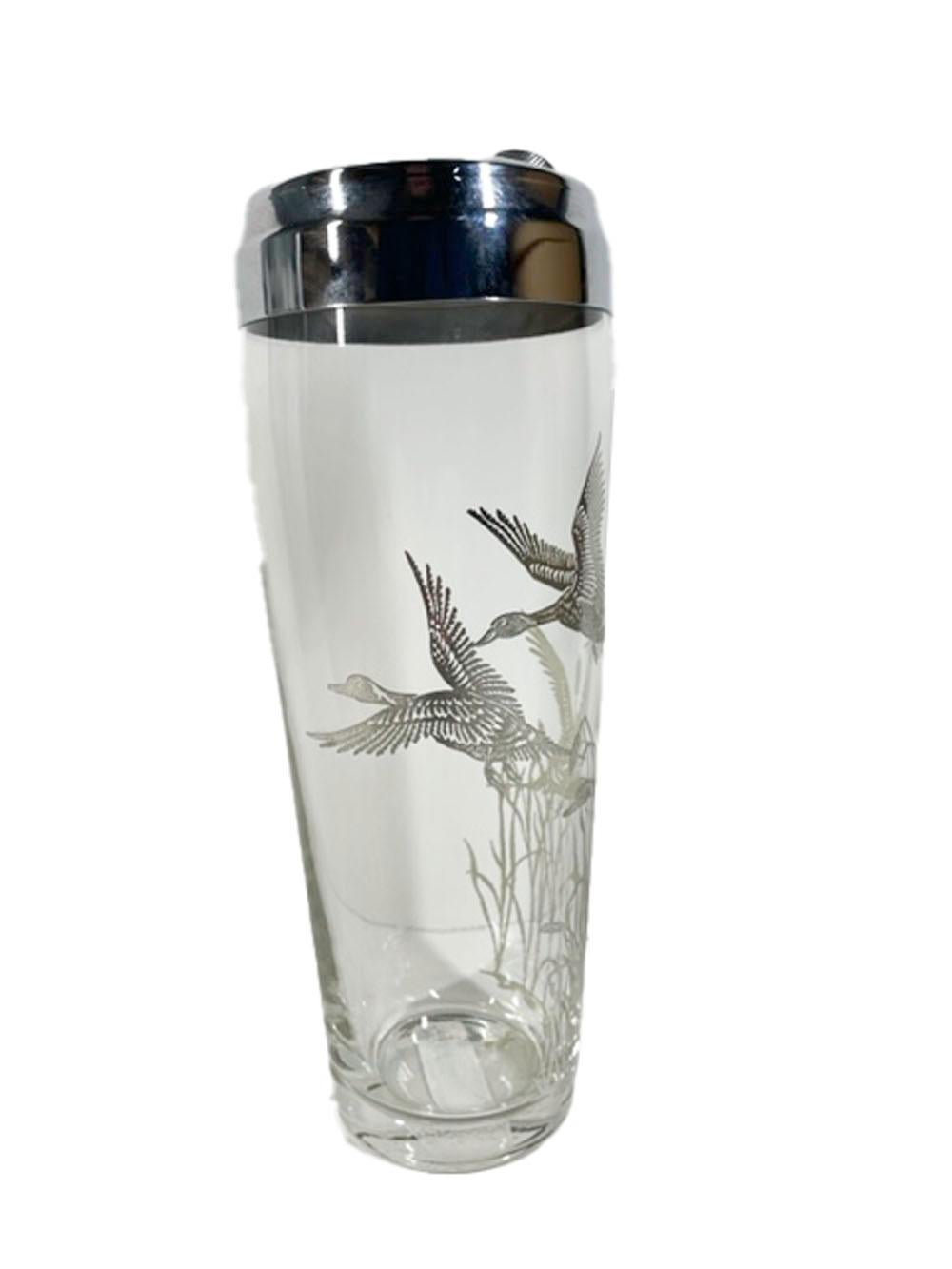 Vintage Rockwell Silver Co. Silver Overlay Cocktail Shaker Set w/ Ducks & Reeds In Good Condition For Sale In Nantucket, MA