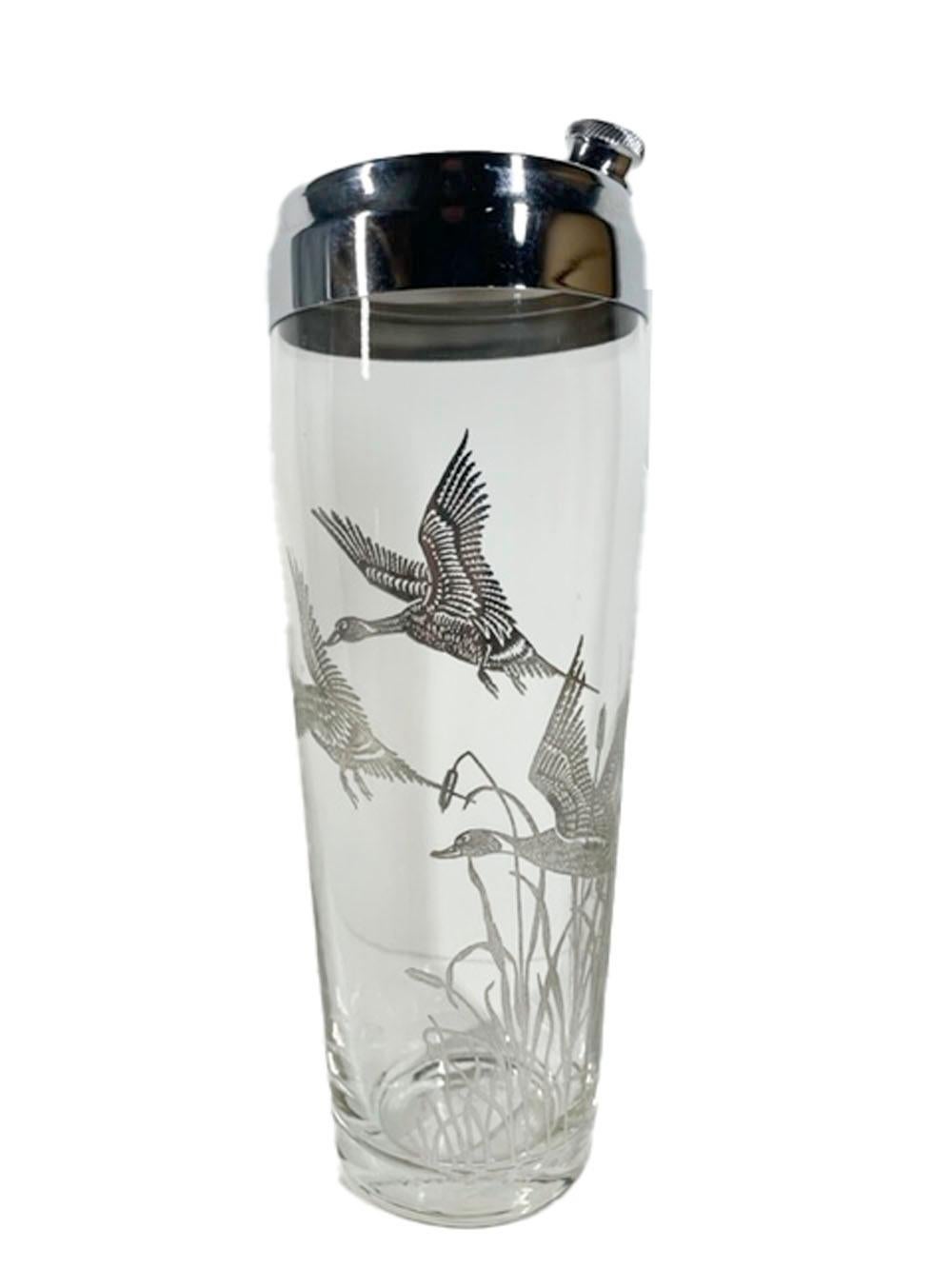20th Century Vintage Rockwell Silver Co. Silver Overlay Cocktail Shaker Set w/ Ducks & Reeds For Sale