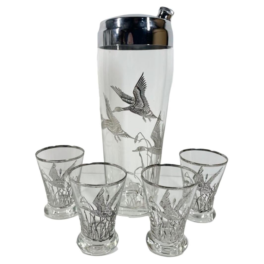 Vintage Rockwell Silver Co. Silver Overlay Cocktail Shaker Set w/ Ducks & Reeds For Sale