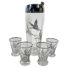 Weinlese Rockwell Silver Co. Silver Overlay Cocktail Shaker Set mit Enten und Schilfrohr