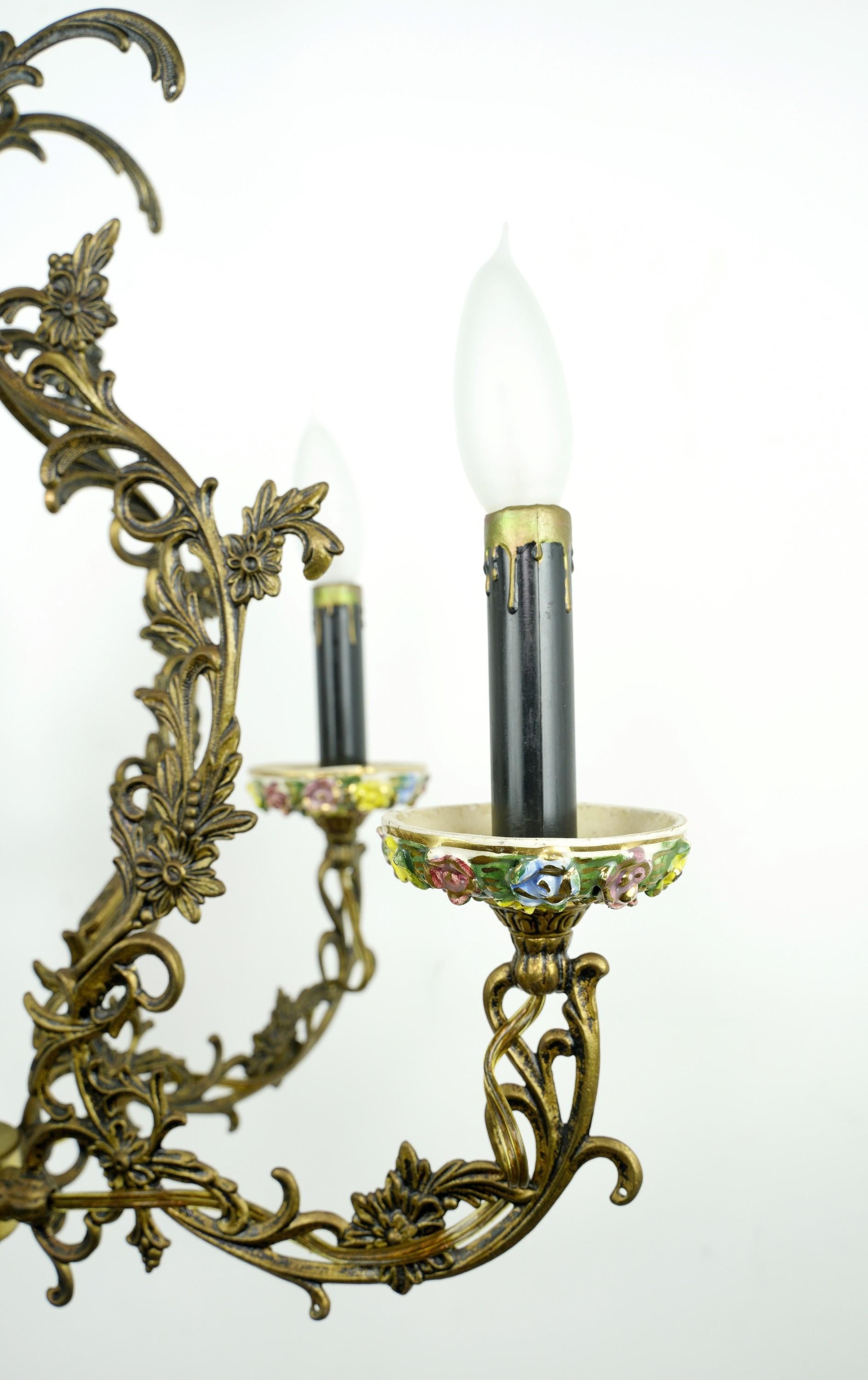 Vintage Rococo Brass Colored Floral 5 Arm Chandelier 8