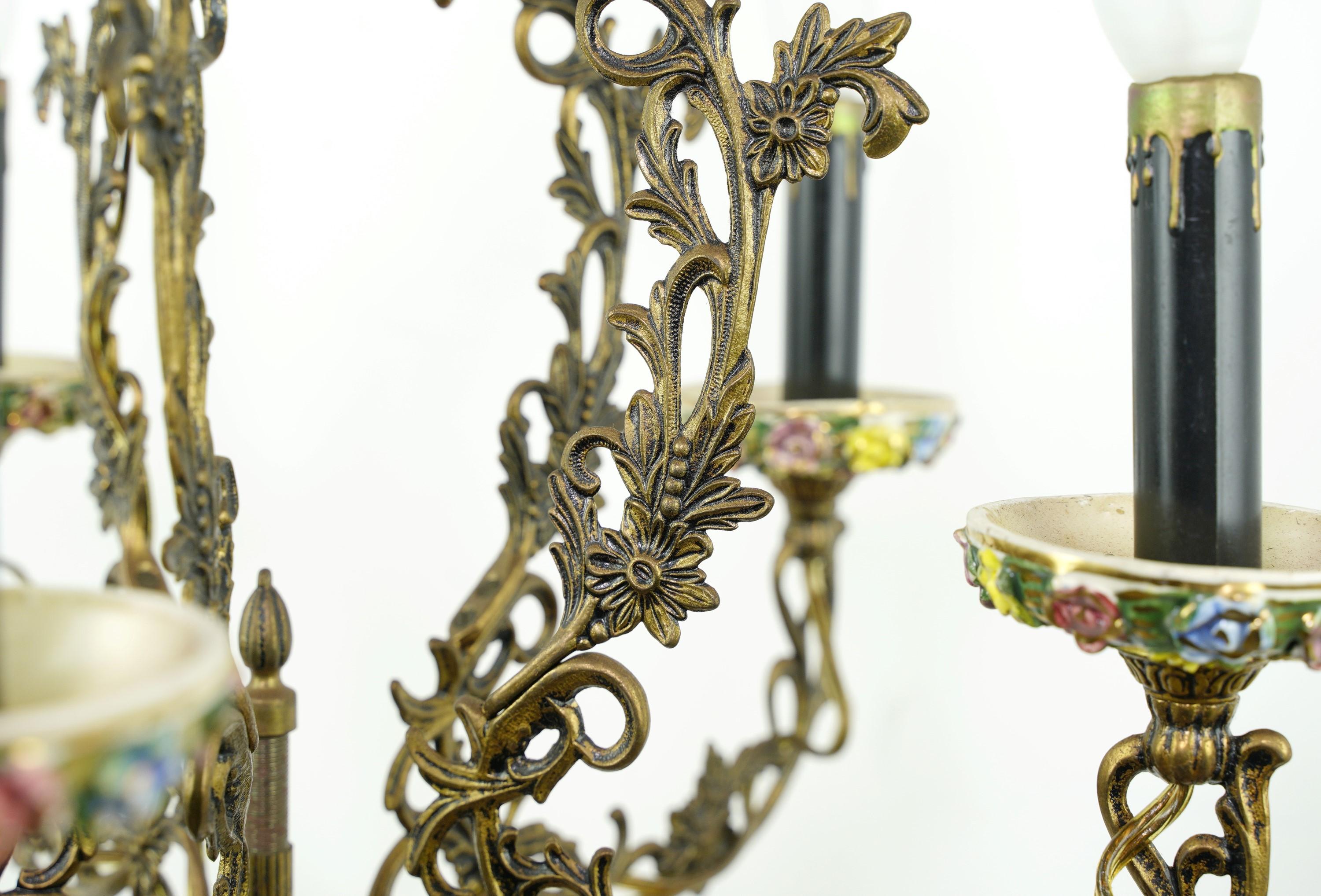 20th Century Vintage Rococo Brass Colored Floral 5 Arm Chandelier