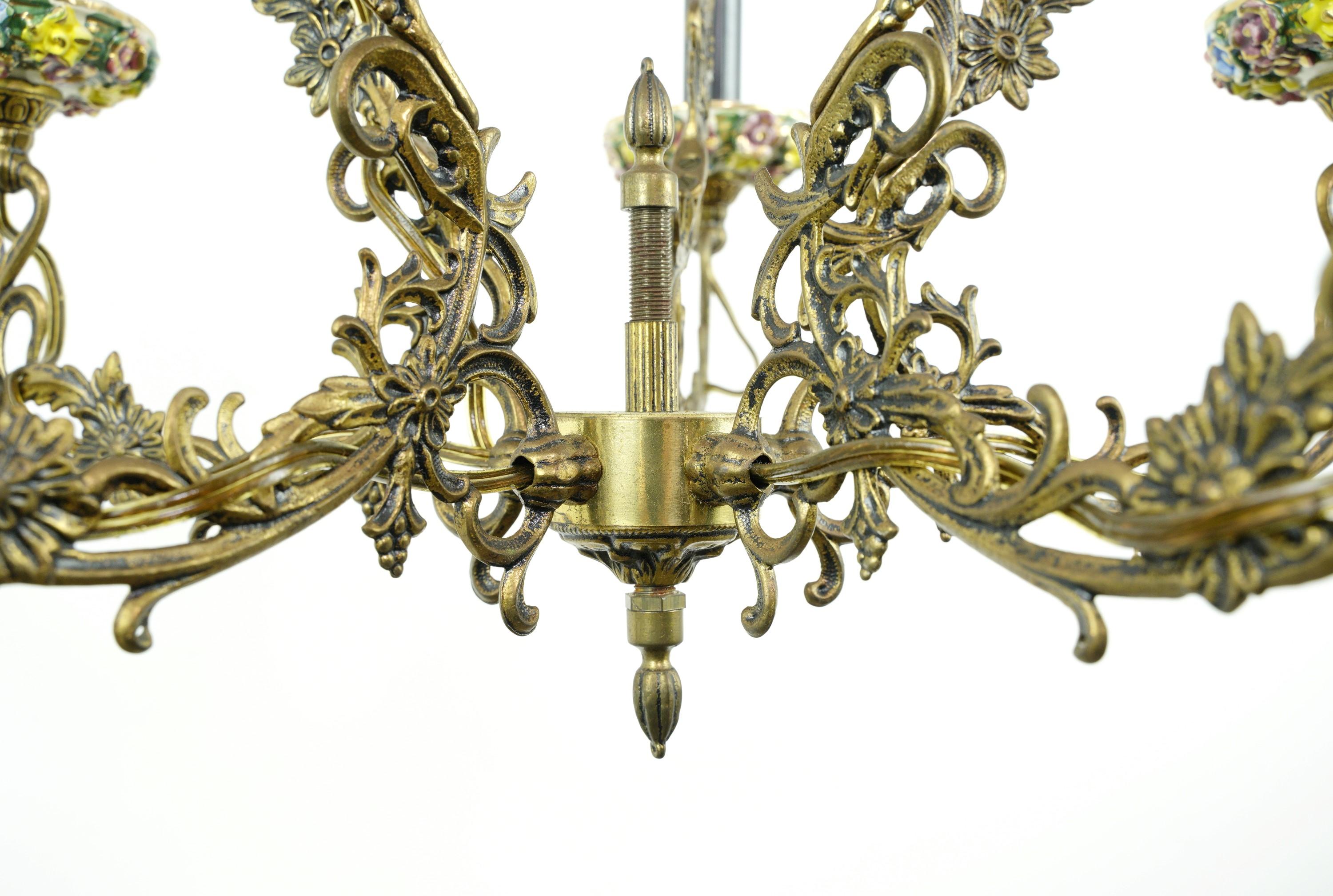 Vintage Rococo Brass Colored Floral 5 Arm Chandelier 3
