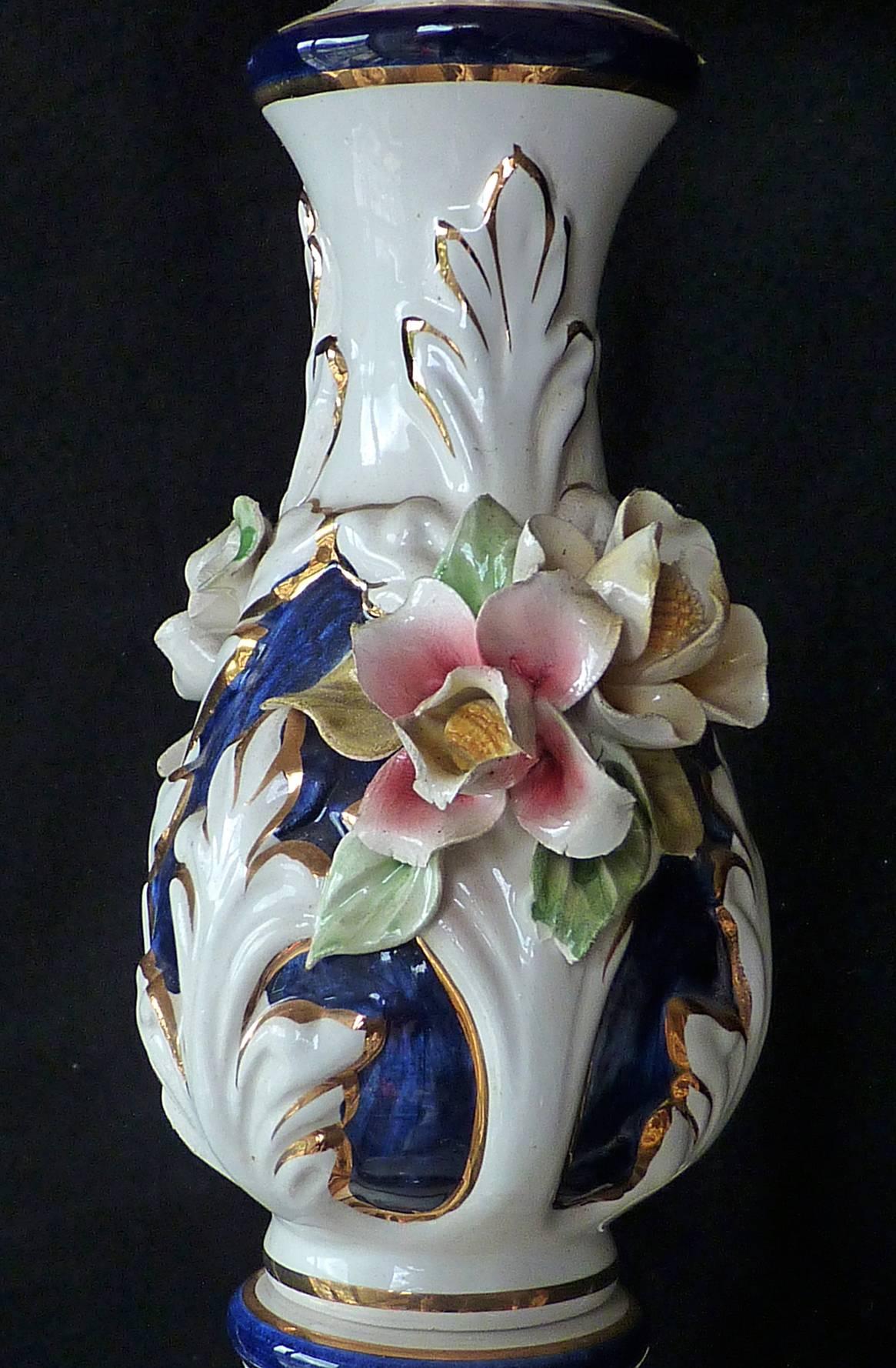 20th Century Vintage Rococo Chandelier in Sevres Blue Porcelain with Flowers & Leaves For Sale