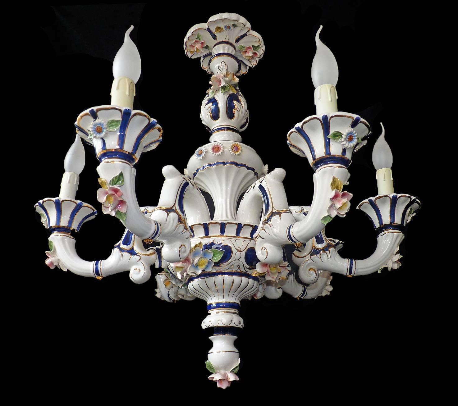 Exceptional quality Italian Capo Di Monte handmade porcelain chandelier. Charming and very rare Italian work of art in white with blue and gold accents, fully decorated with hand painted flowers.
Measures:
Diameter 26 in / 66 cm
Height 45 in (30 in