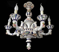 Lampadario rococò vintage in porcellana blu di Sevres con fiori e foglie