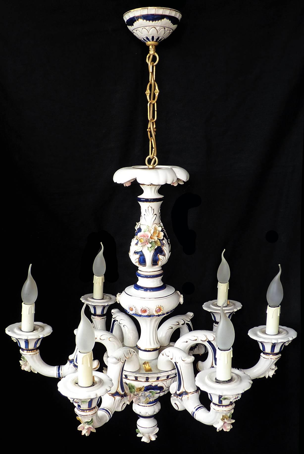 Baroque Vintage Rococo Chandelier in Sevres Blue Porcelain with Flowers & Leaves For Sale