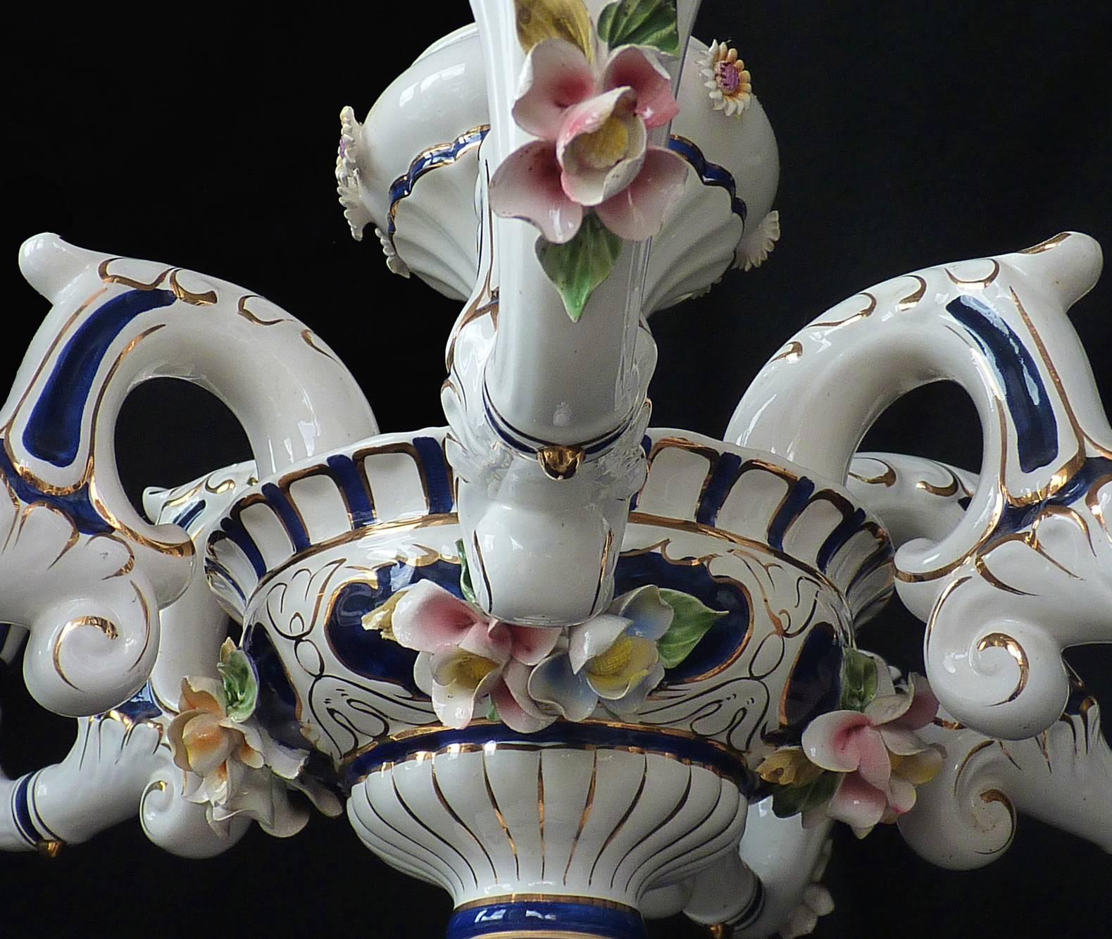 Italian Vintage Rococo Chandelier in Sevres Blue Porcelain with Flowers & Leaves For Sale