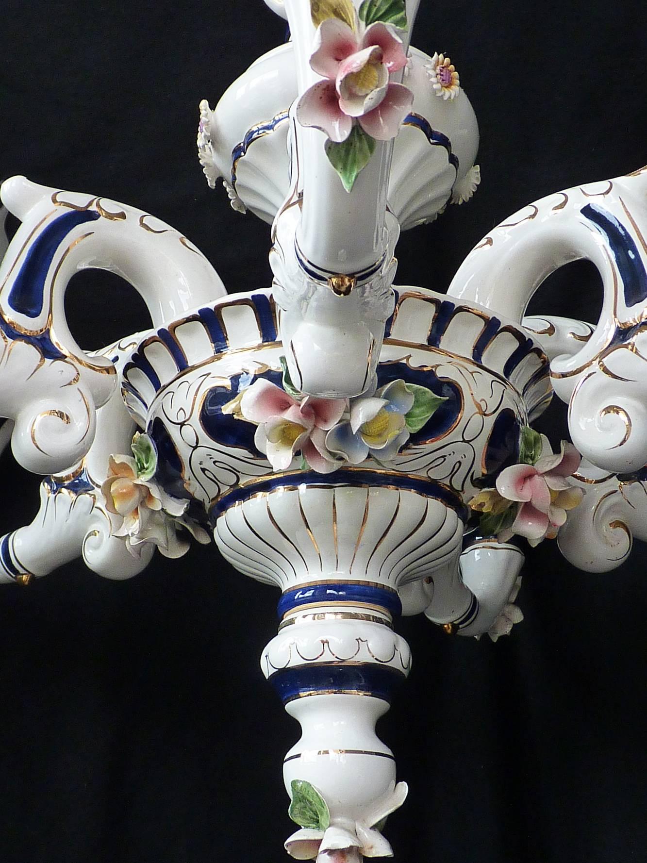 Gilt Vintage Rococo Chandelier in Sevres Blue Porcelain with Flowers & Leaves  For Sale